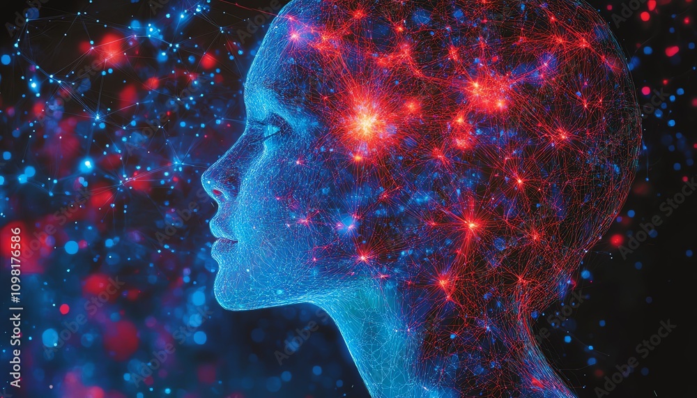 Poster abstract human profile with blue and red data networks, network nodes, and connections, ai generativ