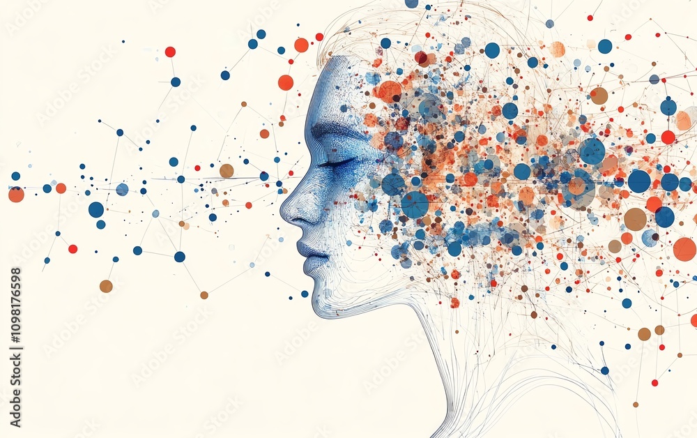 Aufkleber AI generative abstract human profile with data connections and network nodes in blue and red, digital intelligence, and futuristic design