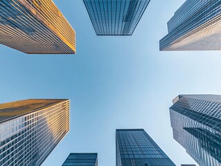 Worms-eye view, minimalist urban exploration, dystopian skyline, innovative lighting casting shadows, intriguing contrasts