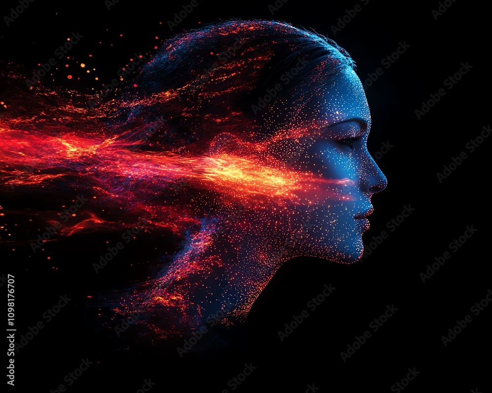 Fototapete aigenerated digital human profile formed by blue and red data streams, dark background, futuristic t