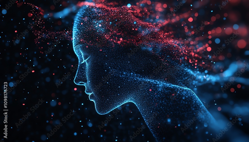 Leinwandbilder aigenerated digital human profile composed of blue and red data streams, dark background, showcasing
