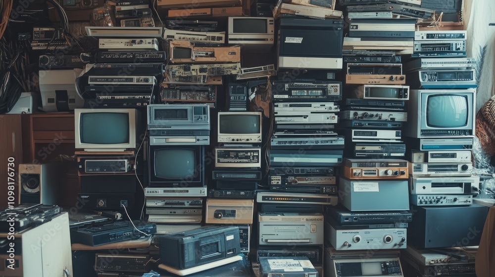 Poster stacks of obsolete electronic components like old desktop computers, crt screens, and vhs players, r