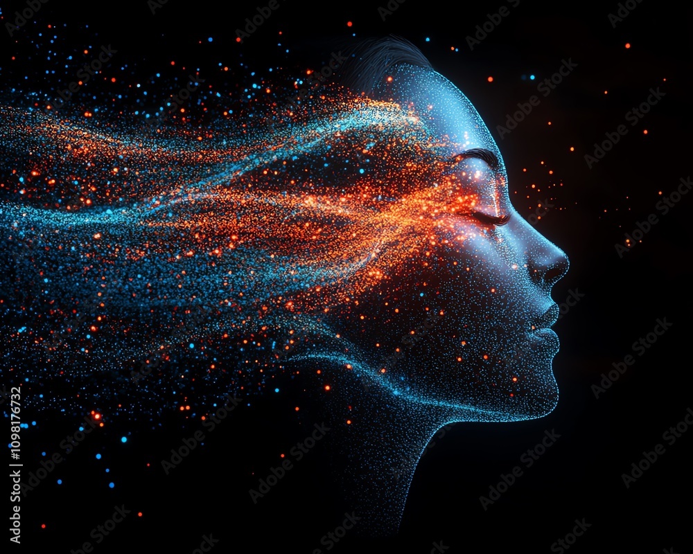 Leinwandbilder aigenerated digital human profile formed by blue and red data streams, dark background, futuristic t