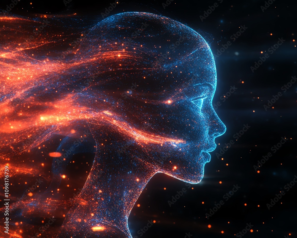 Poster aigenerated digital human profile formed by blue and red data streams, dark background, futuristic t