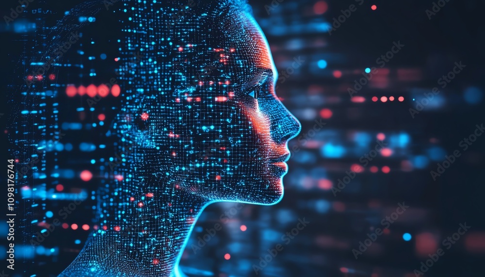 Poster aigenerated digital human profile composed of blue and red data streams, dark background, showcasing