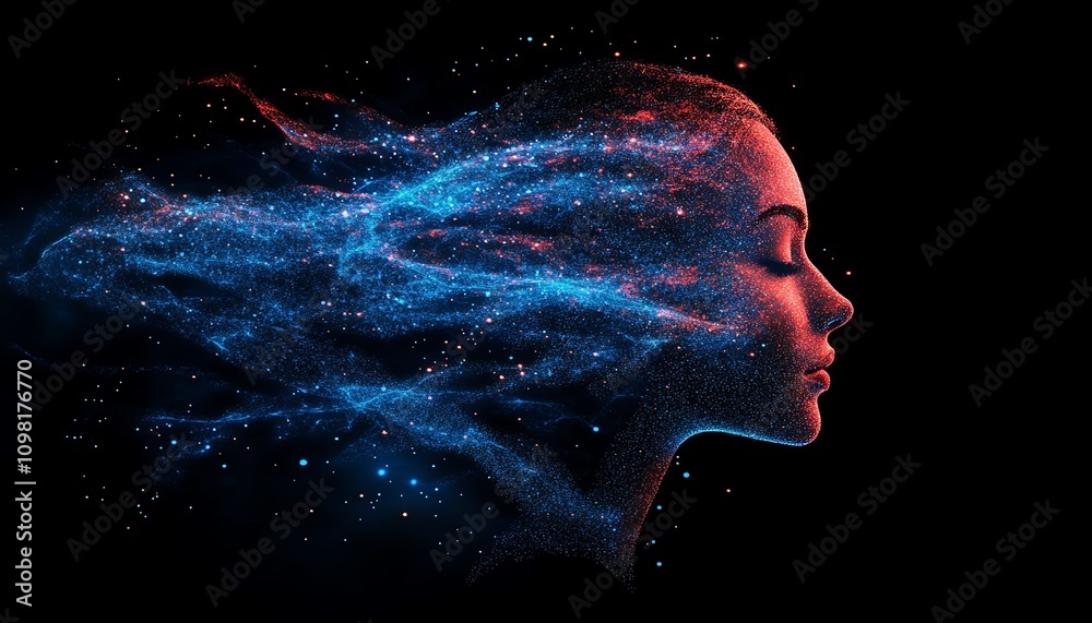 Poster AIgenerated digital human profile composed of blue and red data streams, dark background, showcasing artificial intelligence and neural networks