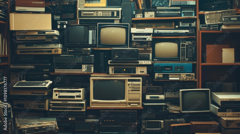 Poster stacks of obsolete electronic components like old desktop computers, crt screens, and vhs players, r
