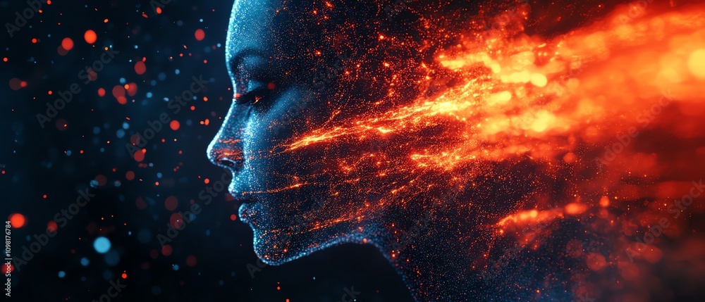 Poster Blue and red data streams creating a digital human profile on a dark background, AI generative design representing advanced technology