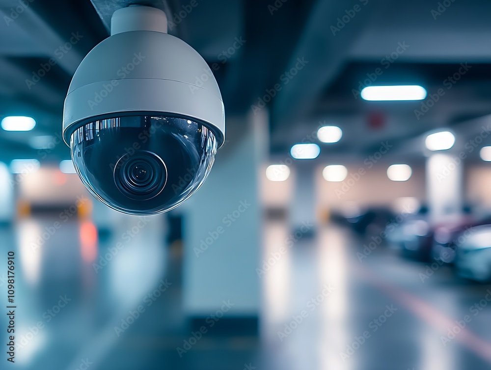 Poster advanced surveillance camera observing parking area with blue fluorescent light in urban setting : g