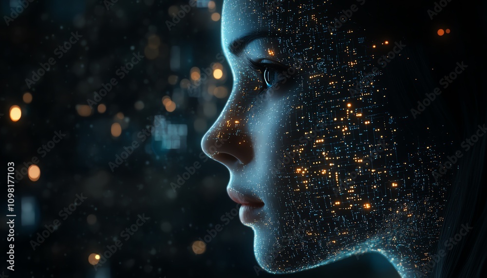 Aufkleber Digital human head profile with luminous circuits and hightech background, representing artificial intelligence, data processing, and neural networks