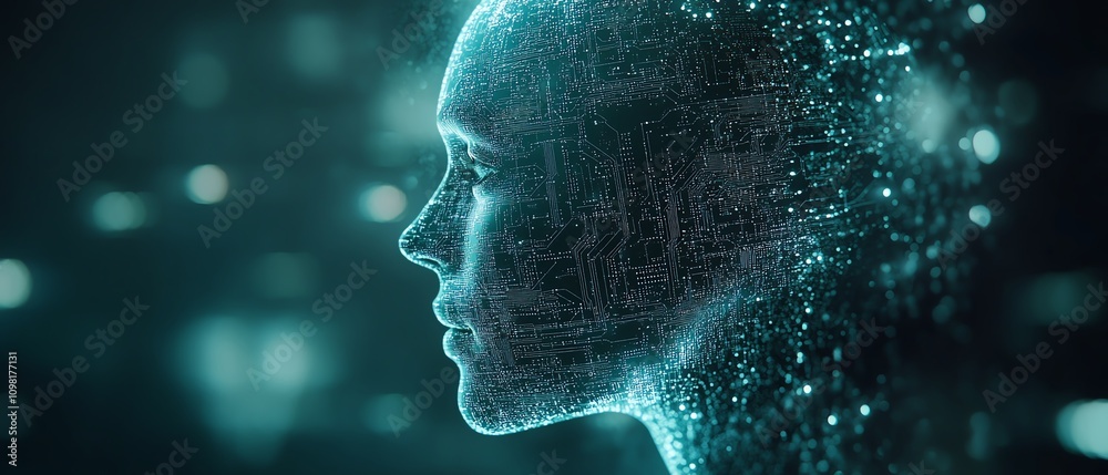 Aufkleber Digital human head profile with glowing circuit patterns and luminous elements on a techinspired background, showcasing artificial intelligence