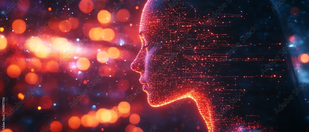 Aufkleber Digital human head profile with glowing circuit patterns and luminous elements on a techinspired background, showcasing artificial intelligence