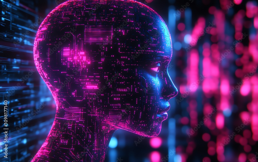 Fototapete Digital human head profile with circuit patterns and glowing elements on a tech background, representing artificial intelligence and advanced technology
