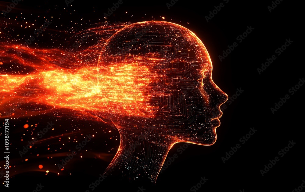 Aufkleber Digital human head profile with circuit patterns and glowing elements on a tech background, representing artificial intelligence and advanced technology