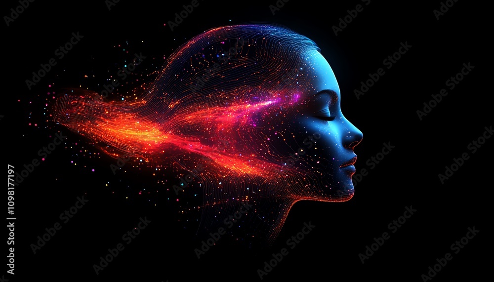 Poster Digital human head profile with luminous circuits and hightech background, representing artificial intelligence, data processing, and neural networks