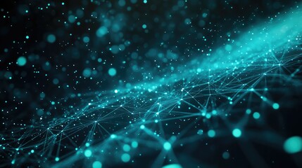 Vibrant turquoise optical fibers glowing at their ends, forming a digital network pattern in a dark, tech-inspired environment.