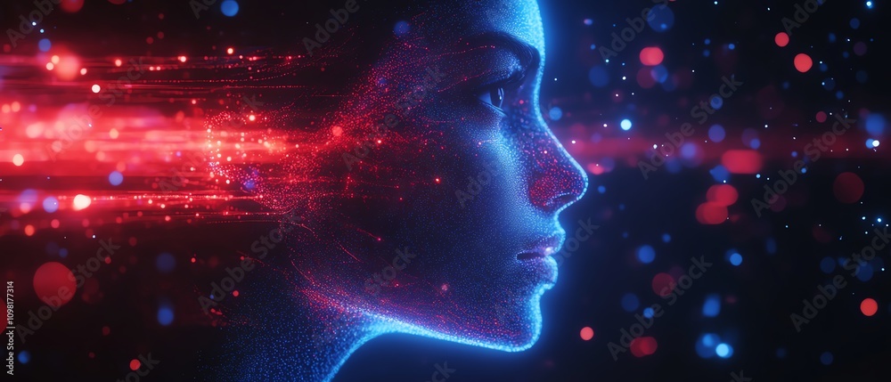 Fototapete Digital human profile composed of blue and red data streams on a dark background, AI generative concept, futuristic tech design
