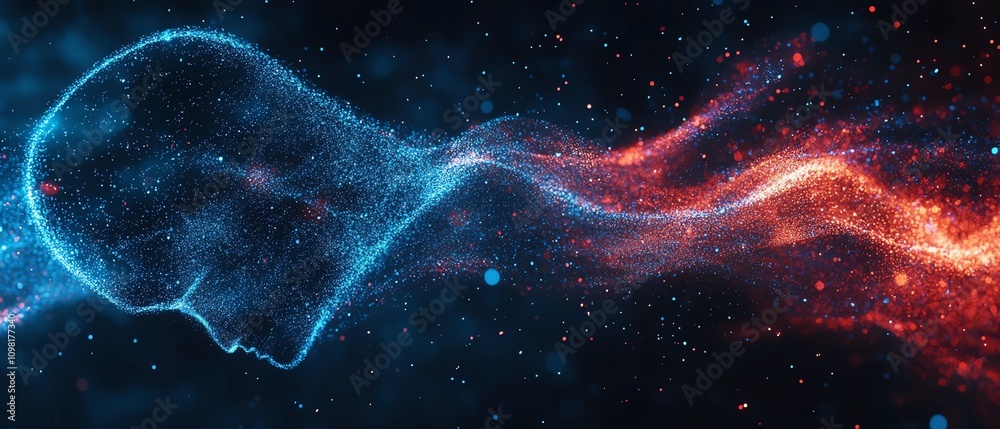 Leinwandbilder digital human profile composed of blue and red data streams on a dark background, ai generative conc