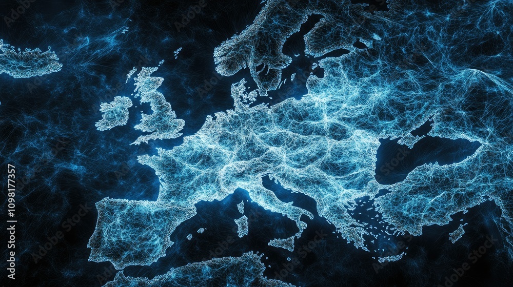 Poster Visual representation of data patterns in blue tones over Europe, analyzing global information flow in the digital age.