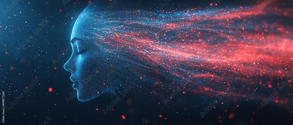 Fototapete digital human profile composed of blue and red data streams on a dark background, ai generative conc
