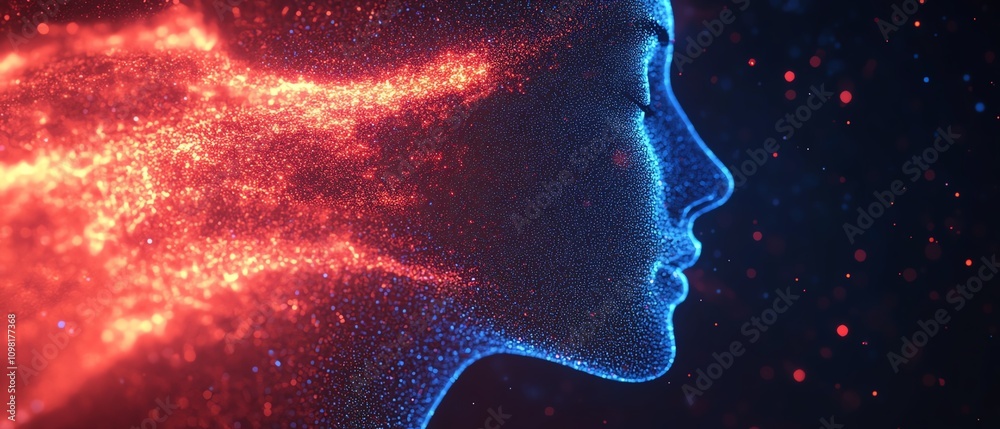 Aufkleber digital human profile composed of blue and red data streams on a dark background, ai generative conc