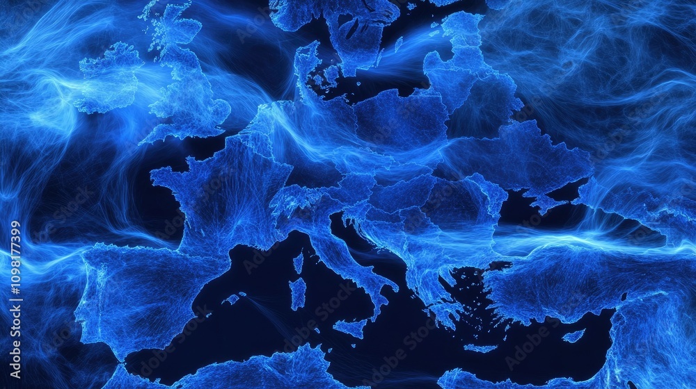 Poster Visual representation of data patterns in blue tones over Europe, analyzing global information flow in the digital age.