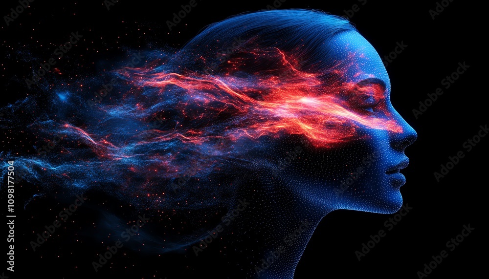 Aufkleber Digital human profile formed by dynamic blue and red data streams, dark background, illustrating AI and machine learning concepts