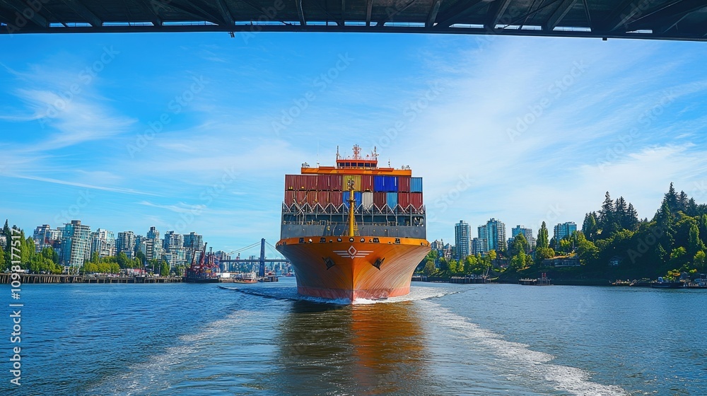 Poster wide shot of a container ship passing under a bridge, with the backdrop of a busy port city and clea