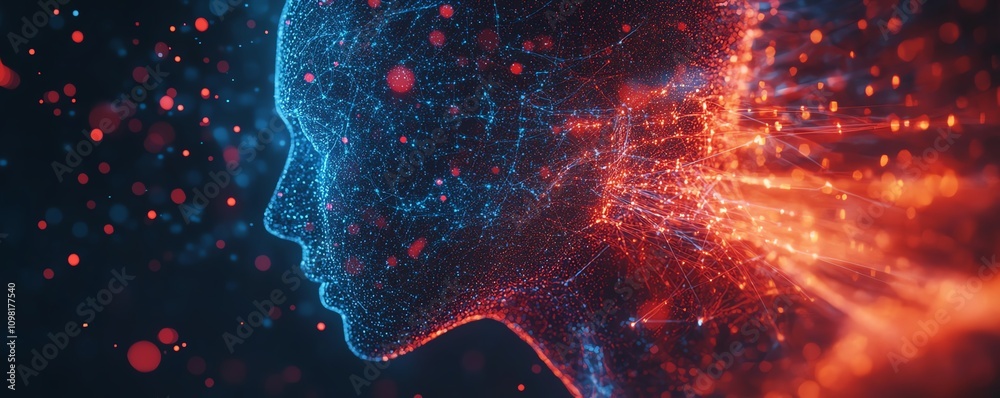 Leinwandbilder digital human profile formed with blue and red data connections and network nodes, abstract ai conce