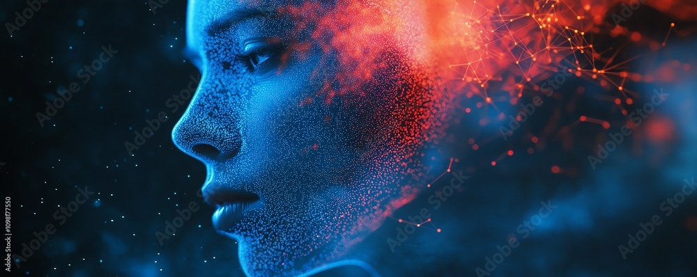 Leinwandbilder Digital human profile formed with blue and red data connections and network nodes, abstract AI concept, representing artificial intelligence and data flow