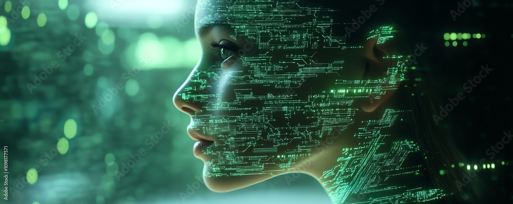 Poster digital human profile with glowing circuit designs and luminous elements, tech background, represent
