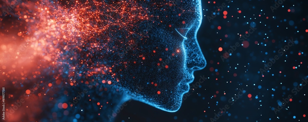 Leinwandbilder digital human profile formed with blue and red data connections and network nodes, abstract ai conce