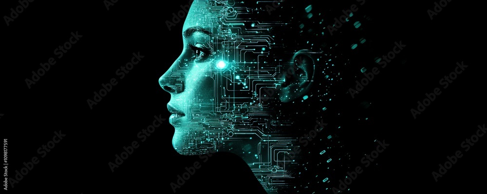 Poster Digital human profile with glowing circuit designs and luminous elements, tech background, representing futuristic AI and technology concepts