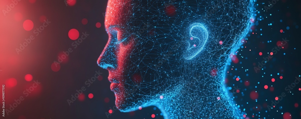 Leinwandbilder Digital human profile formed with blue and red data connections and network nodes, abstract AI concept, representing artificial intelligence and data flow