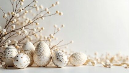 Fototapeta premium Elegant decorated Easter eggs with delicate branch and ribbon on a soft background, copy space