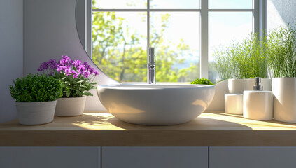 Fototapeta premium a white bathroom sink with a mirror and plants on the countertop near a window in a modern home interior design,