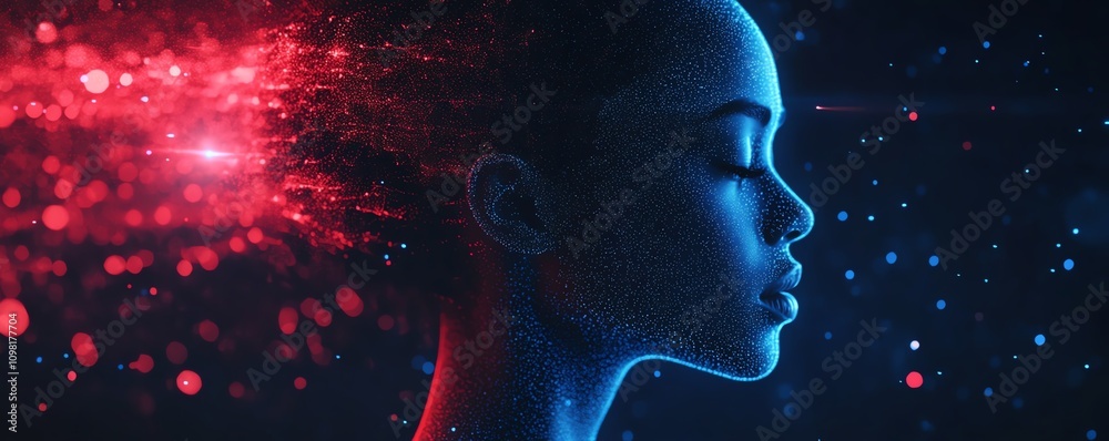 Poster digital human profile with blue and red data streams, dark background, representing ai, machine lear