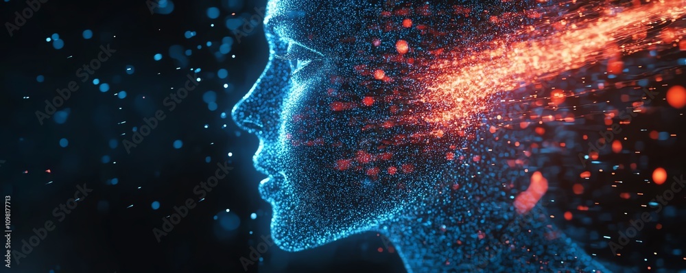 Aufkleber digital human profile with blue and red data streams, dark background, representing ai, machine lear