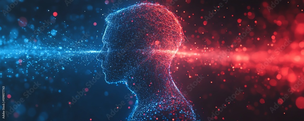 Poster digital human profile with blue and red data streams, dark background, representing ai, machine lear
