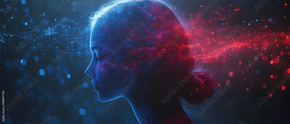 Poster Digital human silhouette with flowing data and network nodes in blue and red, abstract AI concept, futuristic design