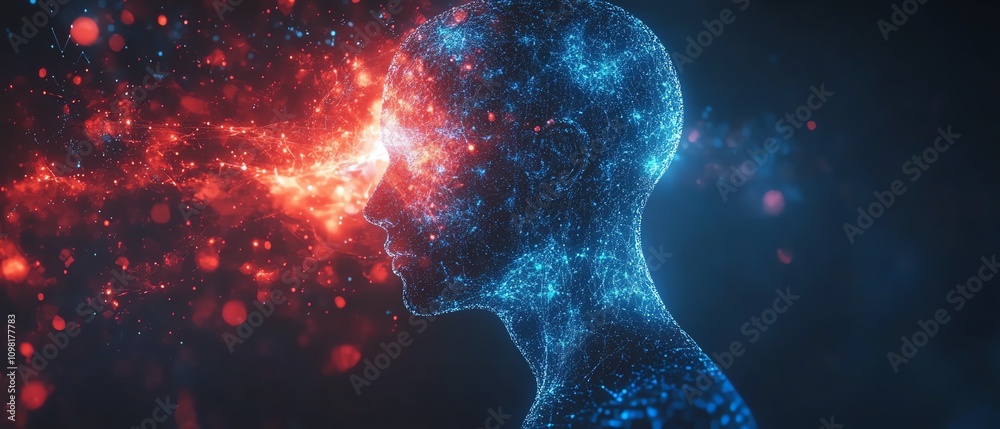 Aufkleber Digital human silhouette with flowing data and network nodes in blue and red, abstract AI concept, futuristic design