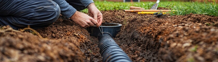 Close-up of a worker's hands installing a black drainage pipe in a dug trench, part of a landscaping or plumbing project.