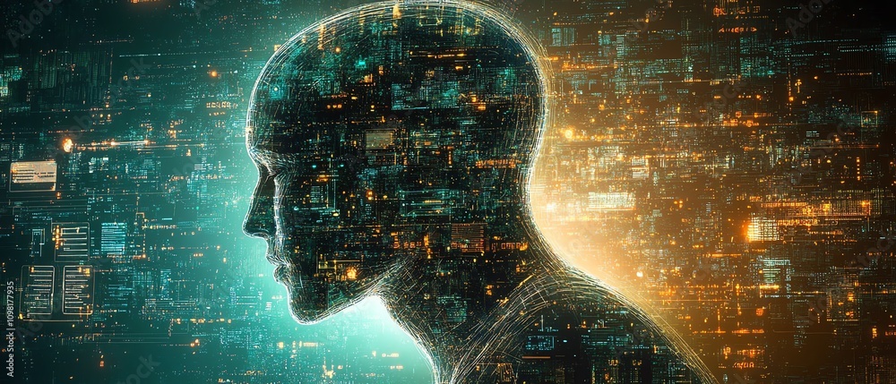 Fototapete Futuristic digital human head profile with glowing circuits and tech elements, tech background, representing AI and machine learning concepts