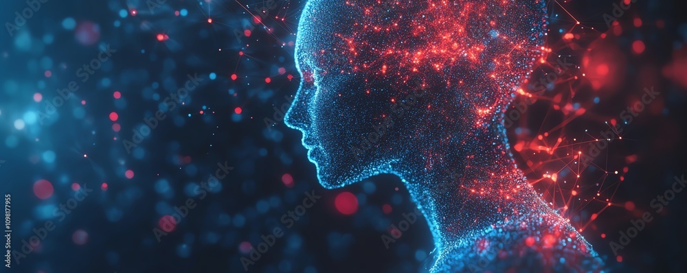 Poster Futuristic digital human profile with blue and red data patterns, network nodes, and connections, abstract AI generative technology theme