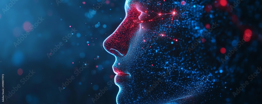 Leinwandbilder futuristic digital human profile with blue and red data patterns, network nodes, and connections, ab