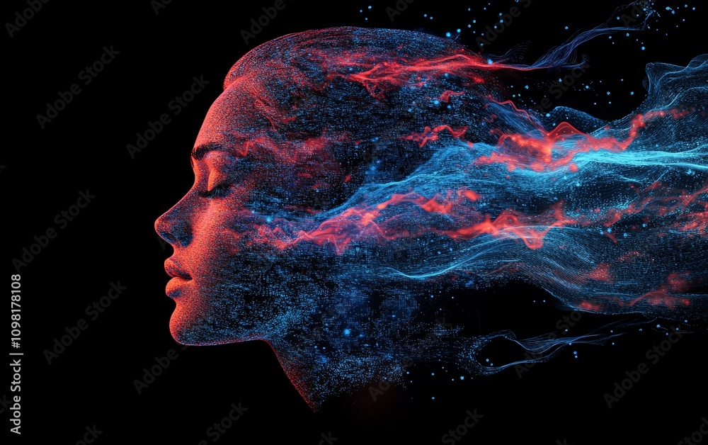 Poster futuristic human profile made of blue and red data streams, dark background, ai generative design sh