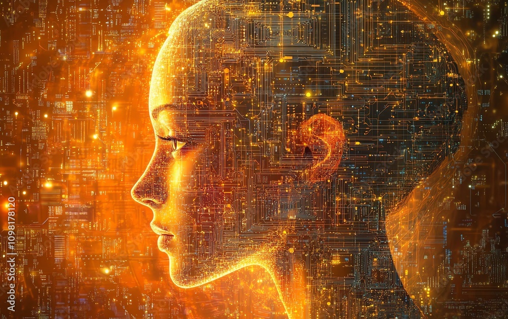 Leinwandbilder human head profile with intricate glowing circuit patterns on a tech background, showcasing advanced