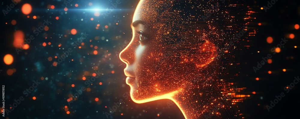Leinwandbilder Human head profile with intricate circuit patterns and glowing elements, tech background, symbolizing AI, neural networks, and innovation