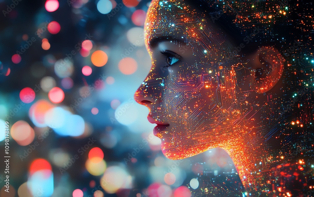 Fototapete human head profile with intricate glowing circuit patterns on a tech background, showcasing advanced