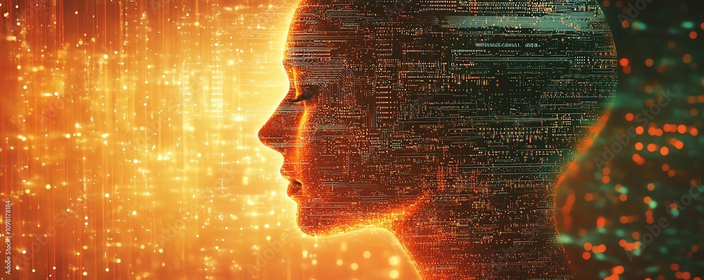 Poster human head profile with intricate circuit patterns and glowing elements, tech background, symbolizin